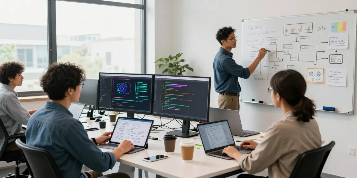Team collaborating to build internal tools with AI in a modern office workspace.