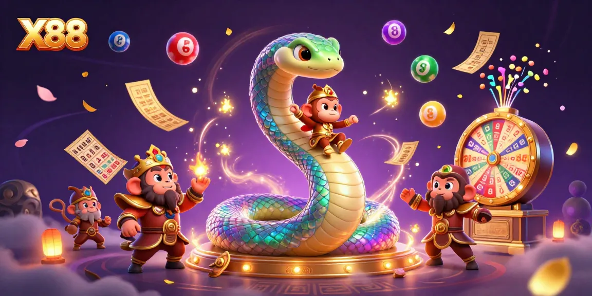 X88 casino scene with a colorful rainbow serpent and monkey king, vibrant gaming elements, and rich animations.