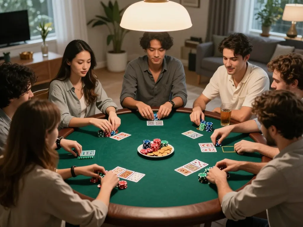Players engaged in an exciting poker game during a cozy home poker night with ALO8 gaming atmosphere.