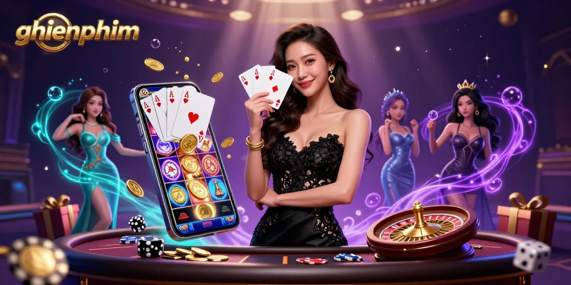 Spin the reels with ghienphim in an immersive casino atmosphere filled with poker and vibrant game elements.