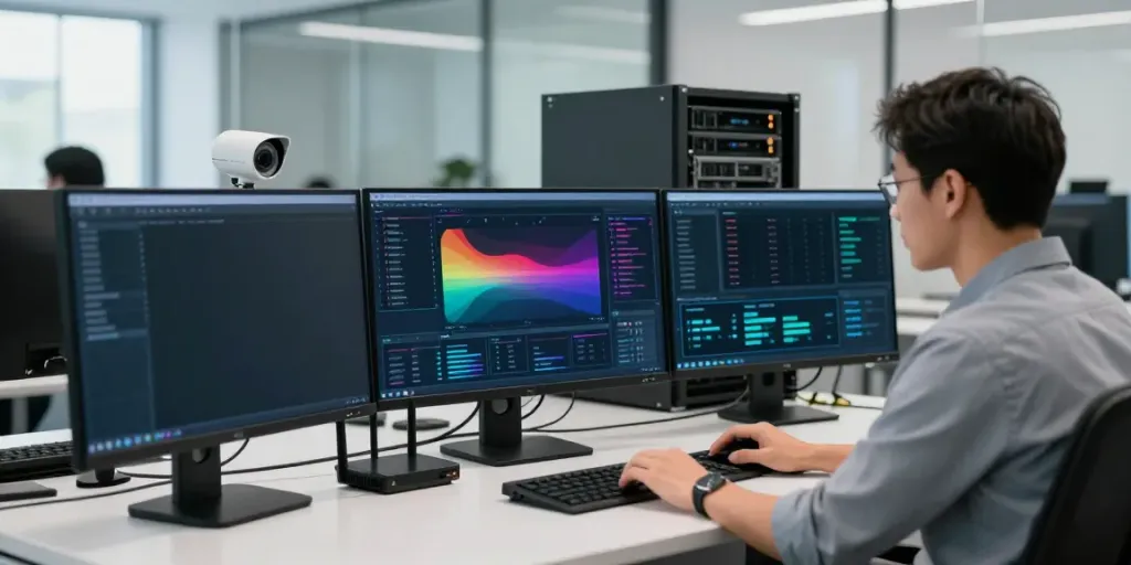 IT Support Frankfurt: Techniker analysiert Netzwerk in modernem Büro mit Sicherheitsprotokollen.
