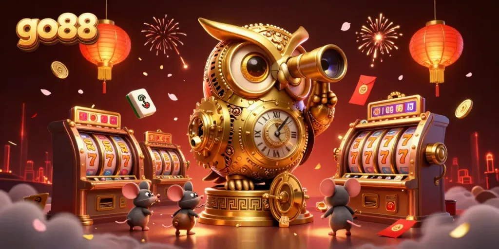 Engage with the action at go88 as the golden owl oversees a vibrant casino scene filled with luck and excitement.