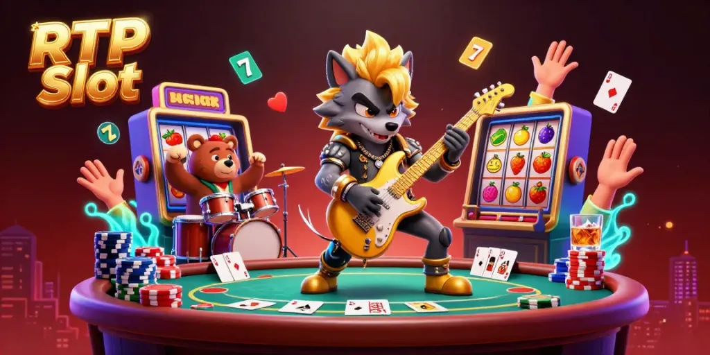 Experience thrilling RTP Slot action with a rock star wolf and a wild drummer bear on a vibrant casino stage.