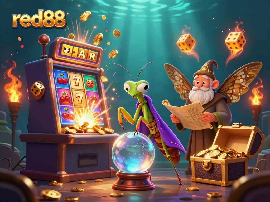 Experience the excitement of red88 casino through a vibrant 3D illustration filled with dynamic gaming elements.