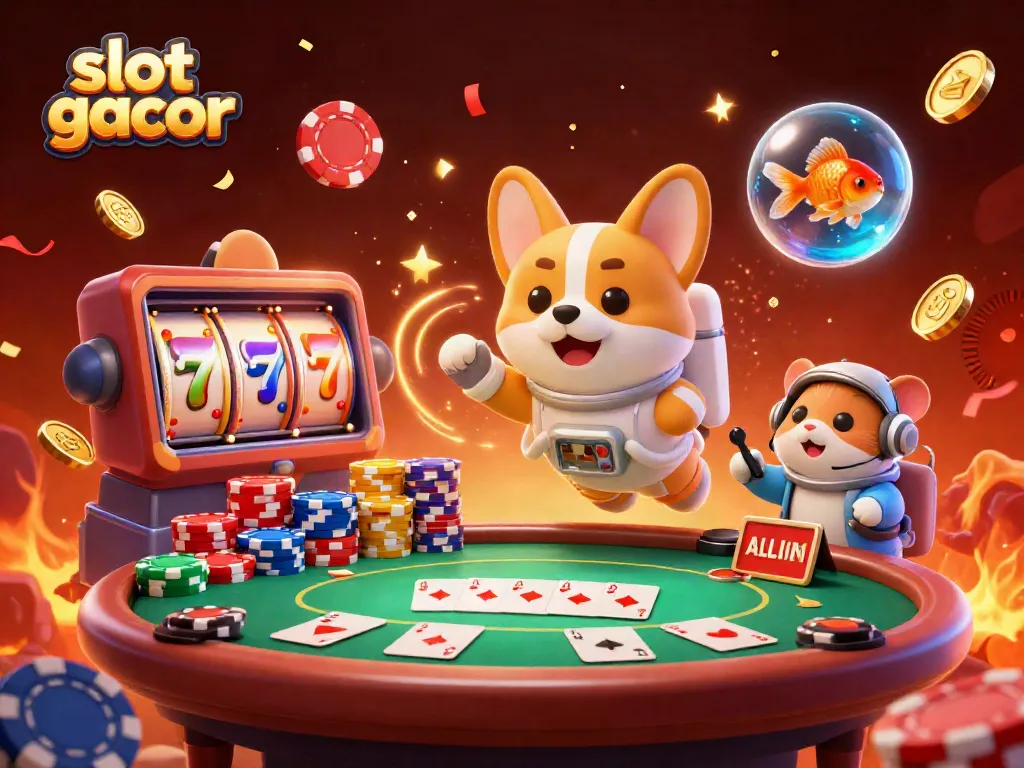 Experience the excitement of slot gacor with a playful 3D illustration of astronauts and casino elements in space.