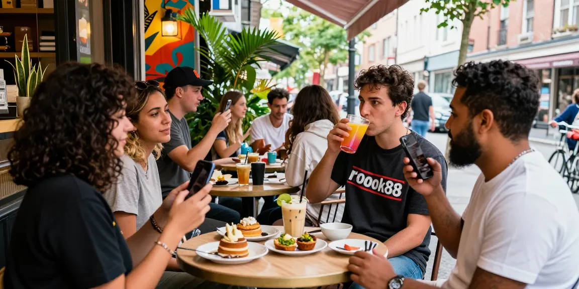 Friends wearing rokok88 apparel at a trendy café enjoying vibrant drinks and pastries.