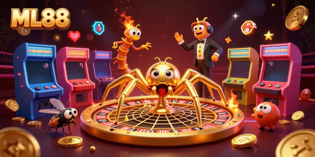 ML88 features a 3D casino illustration with a golden spider and a fly placing bets in a roulette-themed scene.