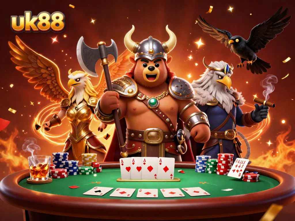 Experience the thrilling gameplay of uk88 with a vibrant 3D scene featuring a Viking bear and Valkyrie eagle.