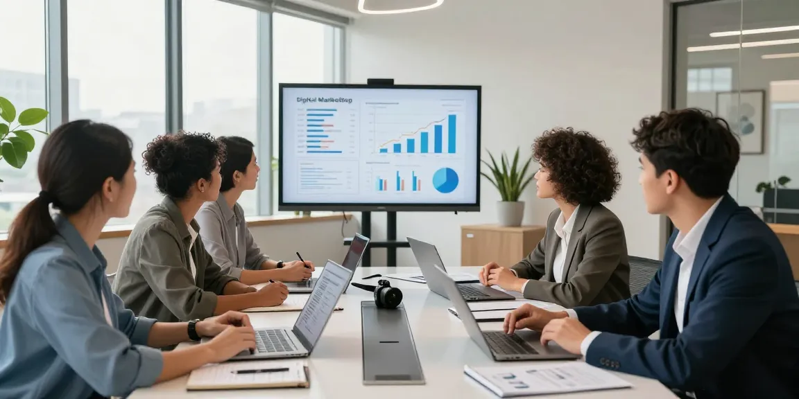 Das MyQuests Online-Marketing-Team arbeitet in einem modernen Büro zusammen, um effektive digitale Strategien zu entwickeln.