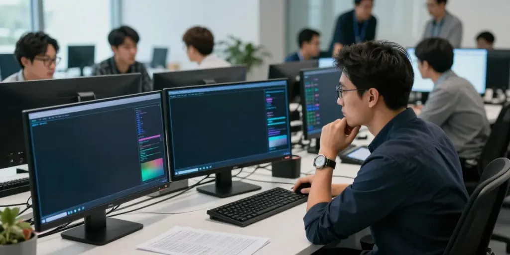 IT-Sicherheit Frankfurt: Cybersecurity-Experte analysiert Daten zur Risikominimierung im modernen Büro.