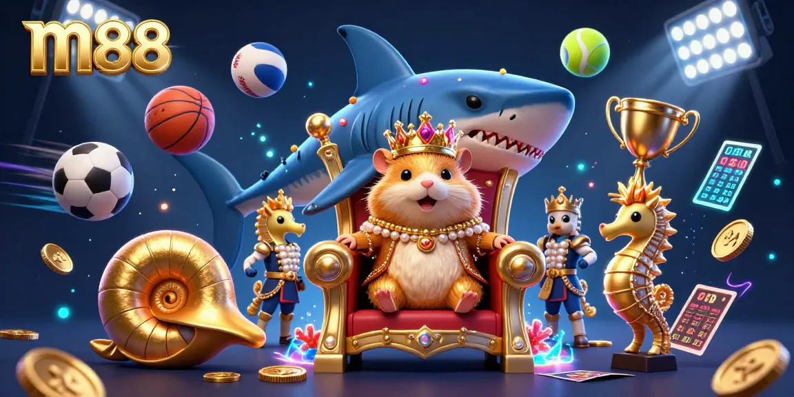 Spin wins on m88 with a golden hamster king amid animated sports elements in a vibrant casino scene.