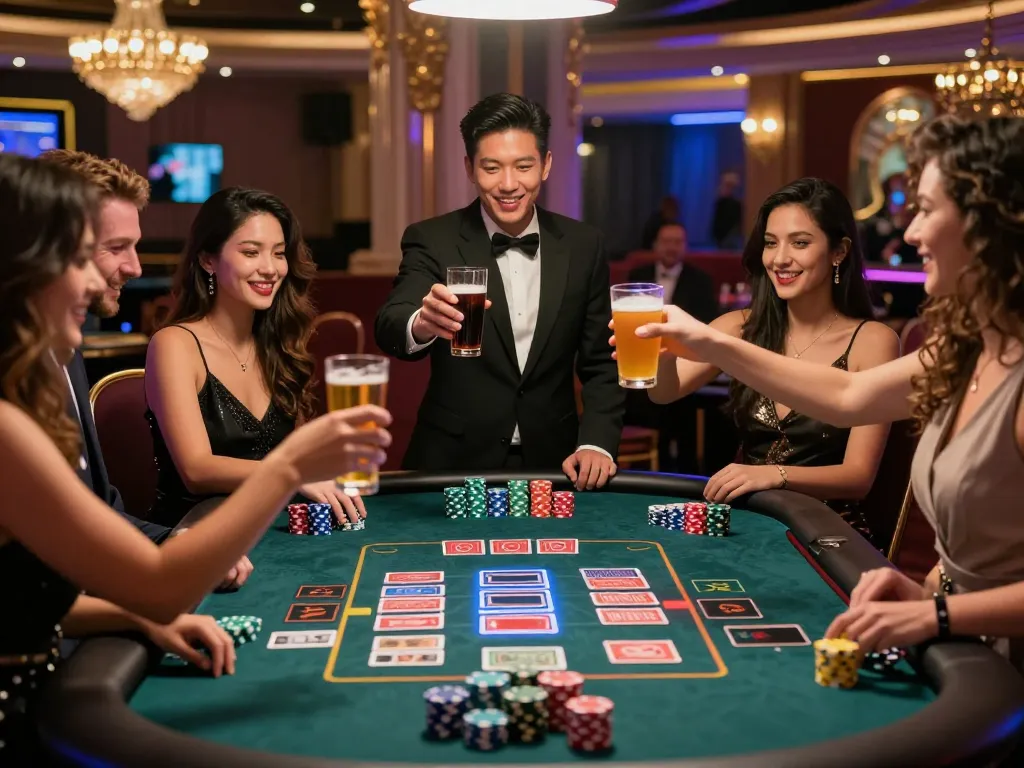 Group enjoying aud77 gaming experience at a vibrant casino table with cheers and colorful chips.
