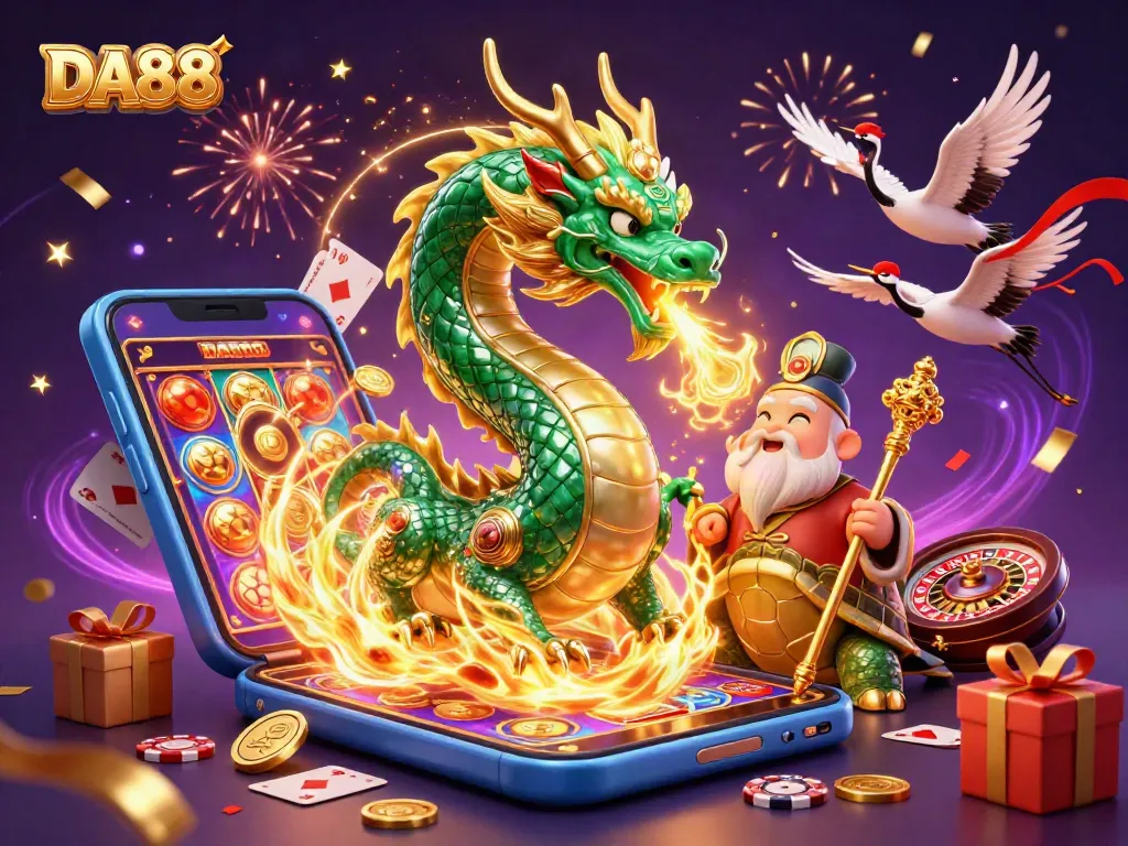 Experience excitement with DA88 in this 3D illustration of a dragon, turtle sage, and lucky cranes amidst vibrant gaming elements.