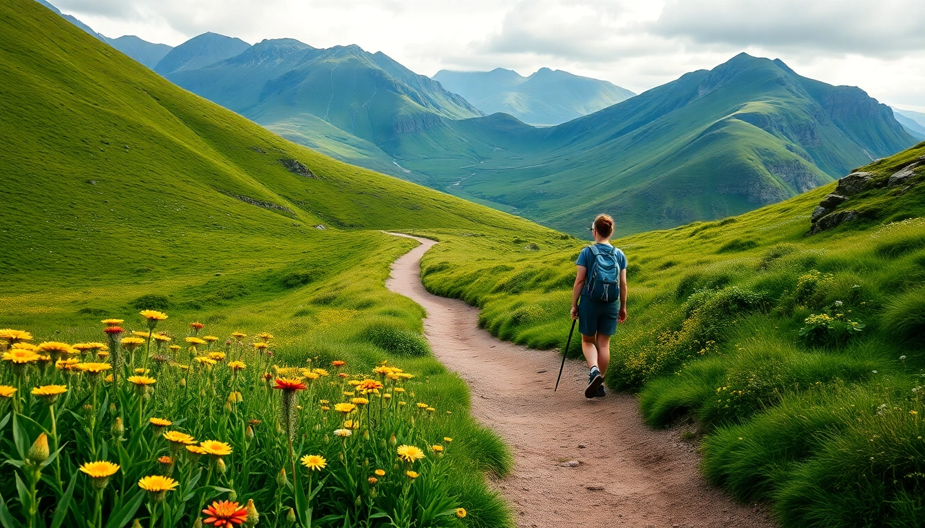 Kerry Way wandern auf einem malerischen Wanderweg mit Zürcher Blumen und Bergen.