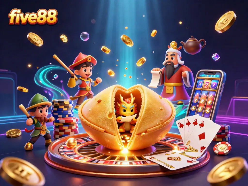 Experience the thrilling games at five88 with a vibrant casino-themed digital illustration.