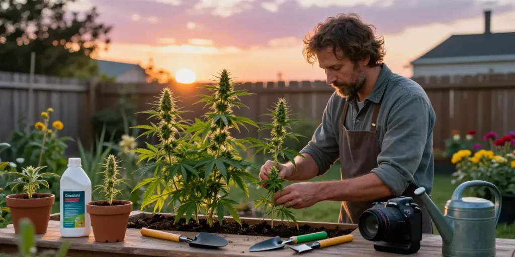 Gardener tending to cannabis cuttings, showcasing the process of stecklinge bestellen in a warm outdoor garden.