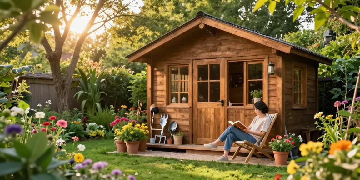 Gemütliches Gartenhaus Holz umgeben von Pflanzen und Blumen im Garten.