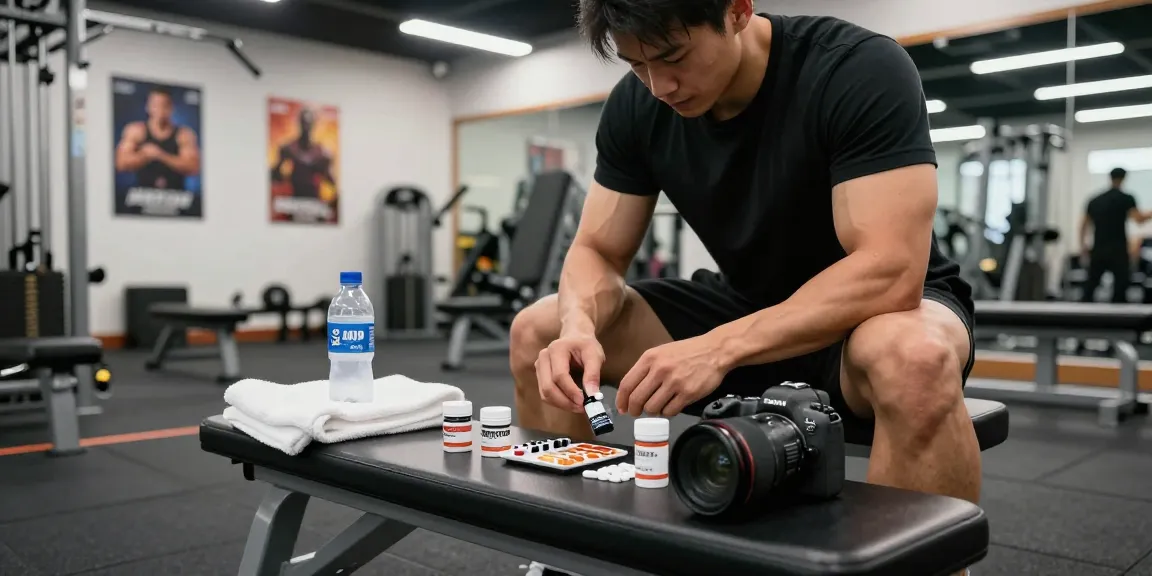Anabolika-Shop-Produkte, die in einer modernen Fitnessstudio-Umgebung ausgestellt sind und Engagement für Fitness zeigen.