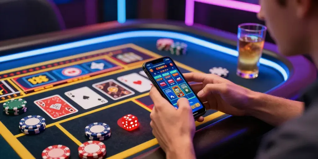 Erleben Sie neue mobile Casinos 2026 mit Spielern, Pokerchips und bunten Lichtakzenten.