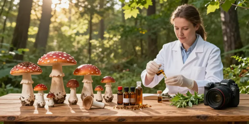 Fliegenpilz kaufen: Produkte wie Pulver, Kappen und Kapseln in einem natürlichen Waldsetting