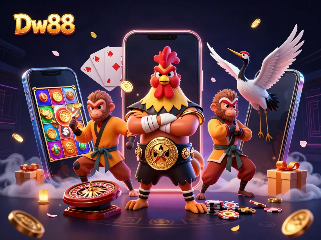 Engage in thrilling gaming with Dw88's vibrant 3D illustration featuring dynamic characters and colorful casino elements.