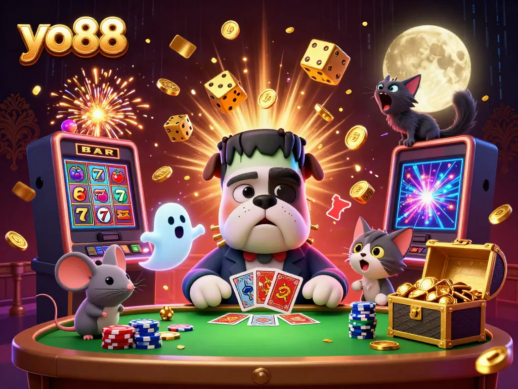 Experience thrilling gameplay at yo88 with Frankenstein bulldog and ghost mouse in a vibrant casino scene.