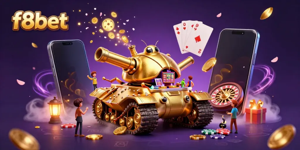 Spin and win at f8bet with exciting 3D casino-themed illustration featuring vibrant gameplay elements.