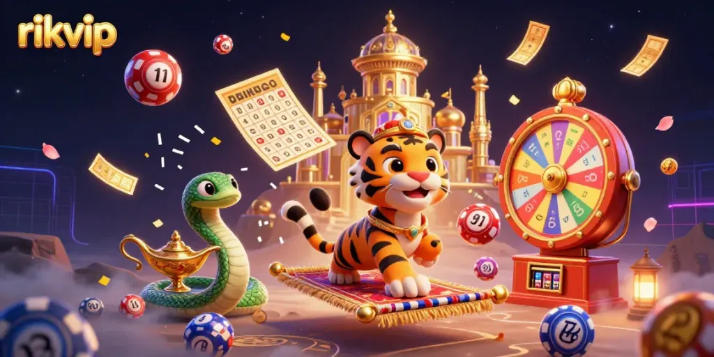 Experience the thrilling action at rikvip with a vibrant casino scene featuring a magical sultan and lottery elements.