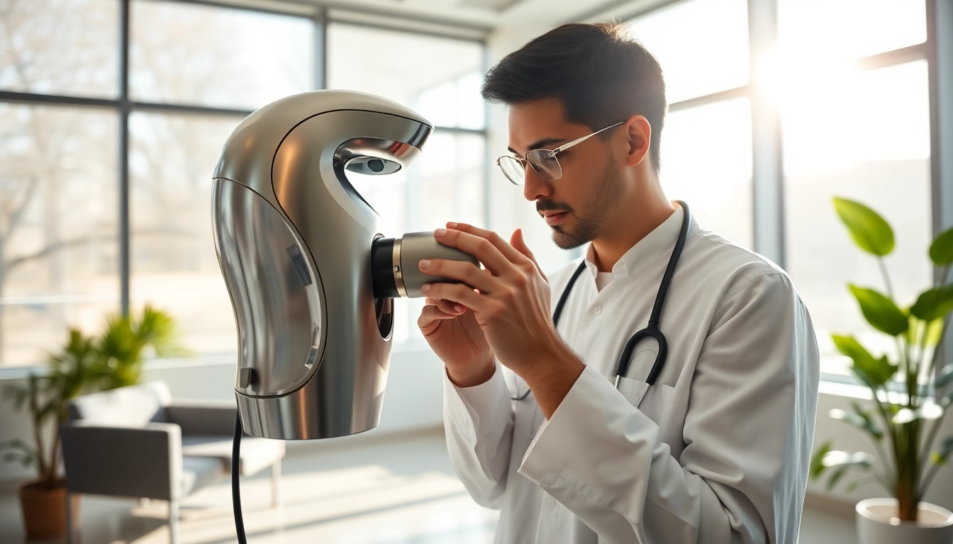 Der innovative deus medical wird von einem Fachmann in einer hellen Klinik betrachtet.