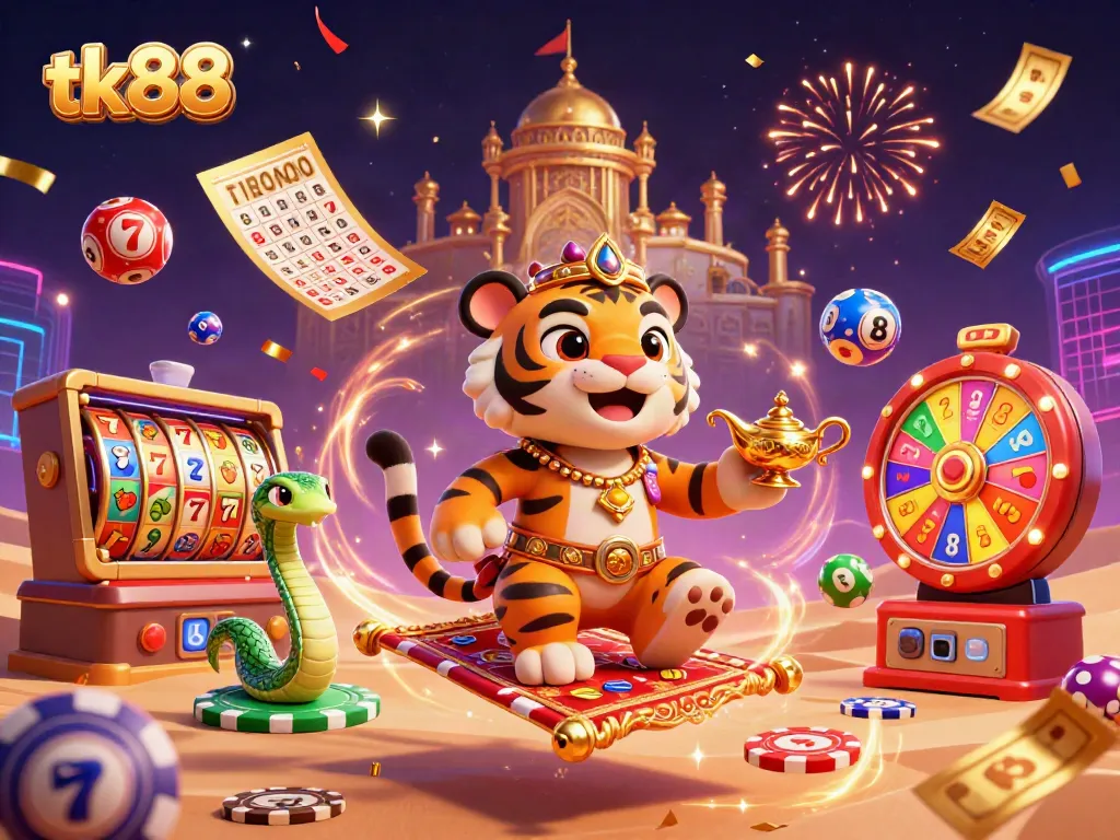 Engage with exciting visual elements in tk88 casino-themed illustration featuring vibrant slot reels and a games sultan.