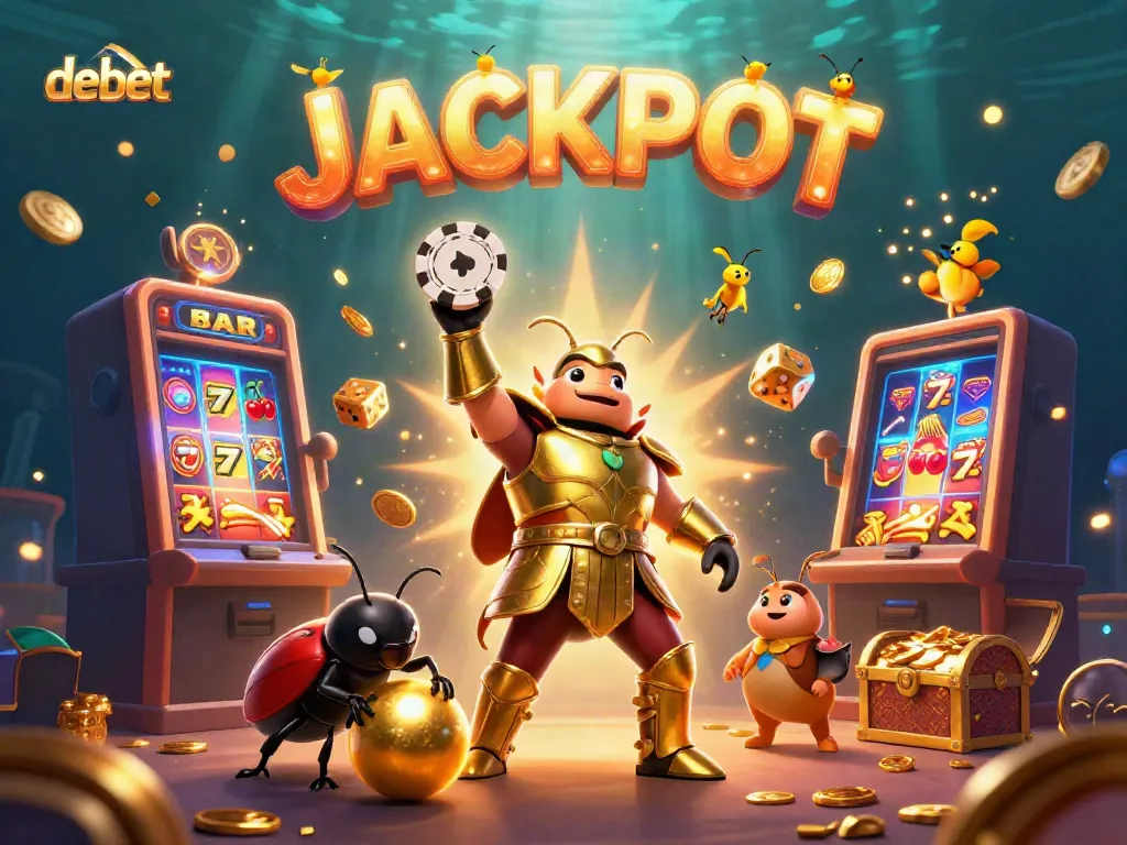 Engage with debet's thrilling casino experience featuring vibrant characters celebrating a jackpot.