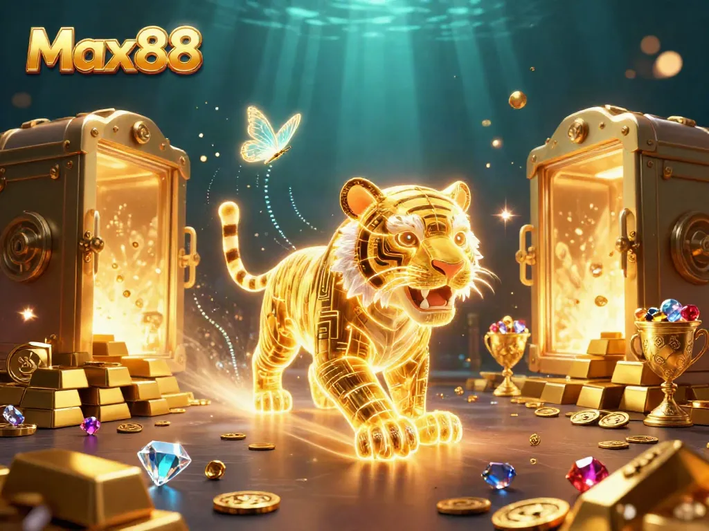 Experience thrilling games at Max88 with dynamic casino elements and a neon-wireframe tiger illustration.