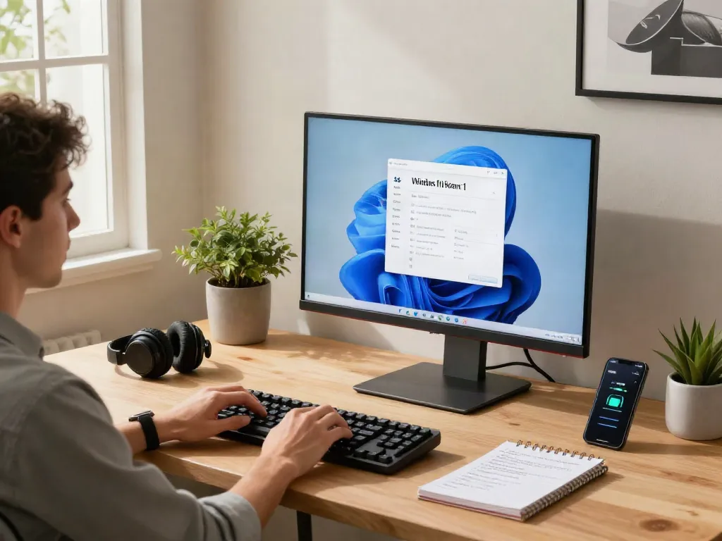 Windows 11 Home Benutzer im modernen Homeoffice mit funktionalem Arbeitsplatz