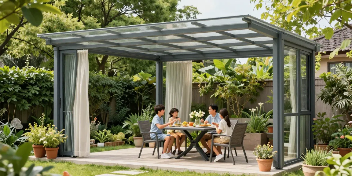 Moderne freistehende Terrassenüberdachung mit Familie im Garten genießen.