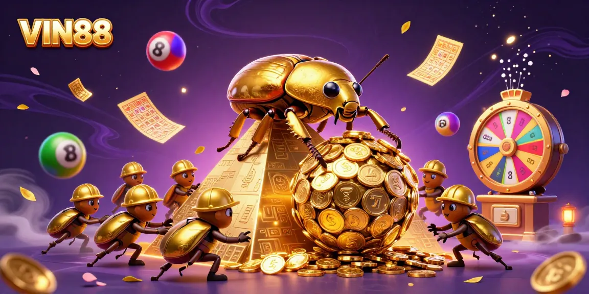 VIN88 showcases a golden beetle rolling coins in a vibrant, dynamic casino scene.