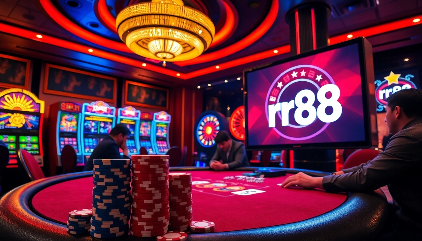 Experience the thrill of rr88 at a luxurious casino poker table with vibrant slot machines.