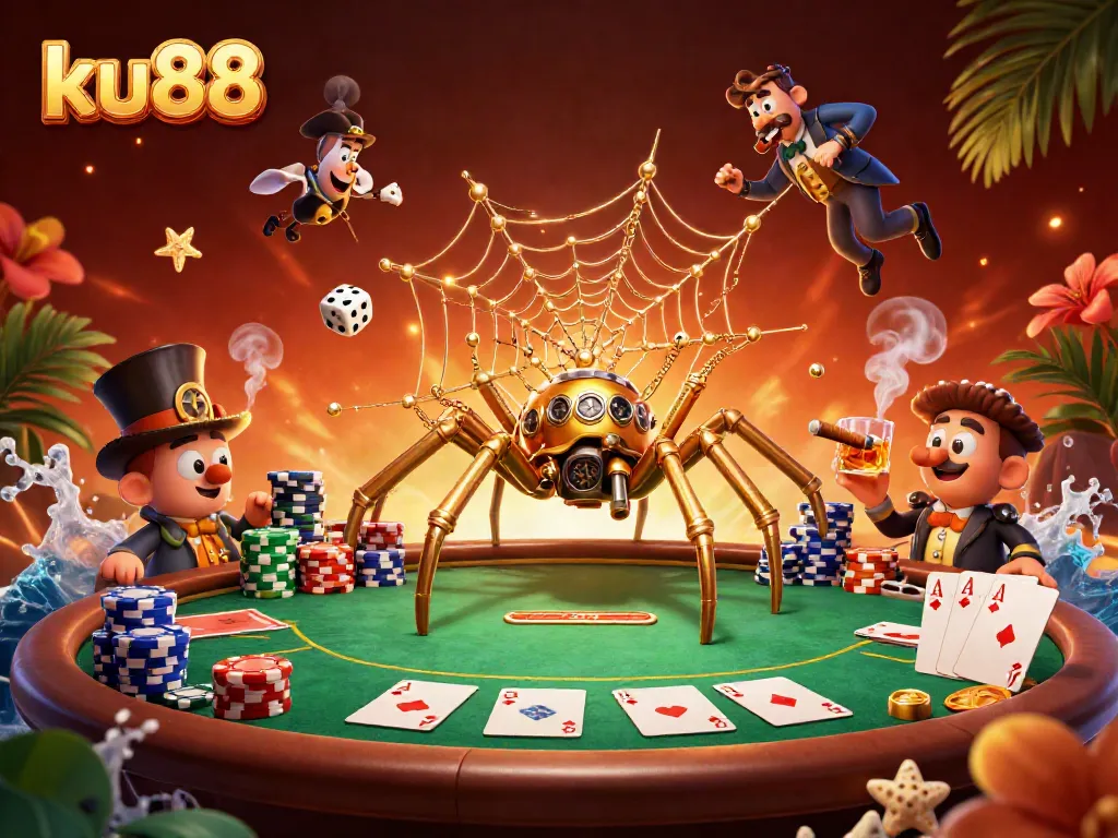 Experience the thrill of ku88 with a vibrant steampunk gambling scene full of poker elements and unique characters.