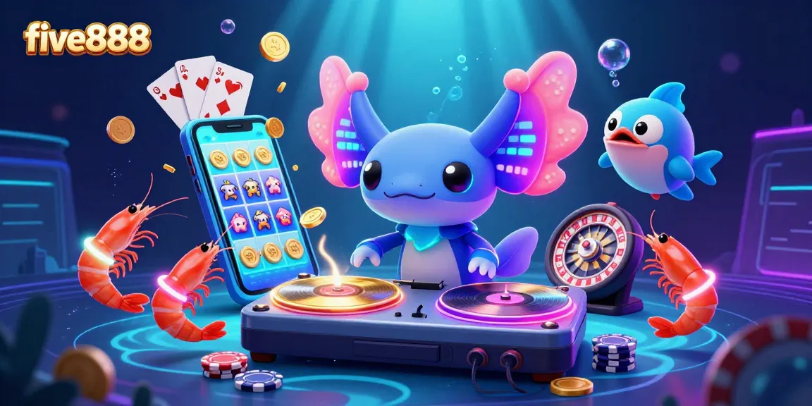 Experience the excitement of five888's vibrant underwater casino scene with playful characters engaging in gaming.