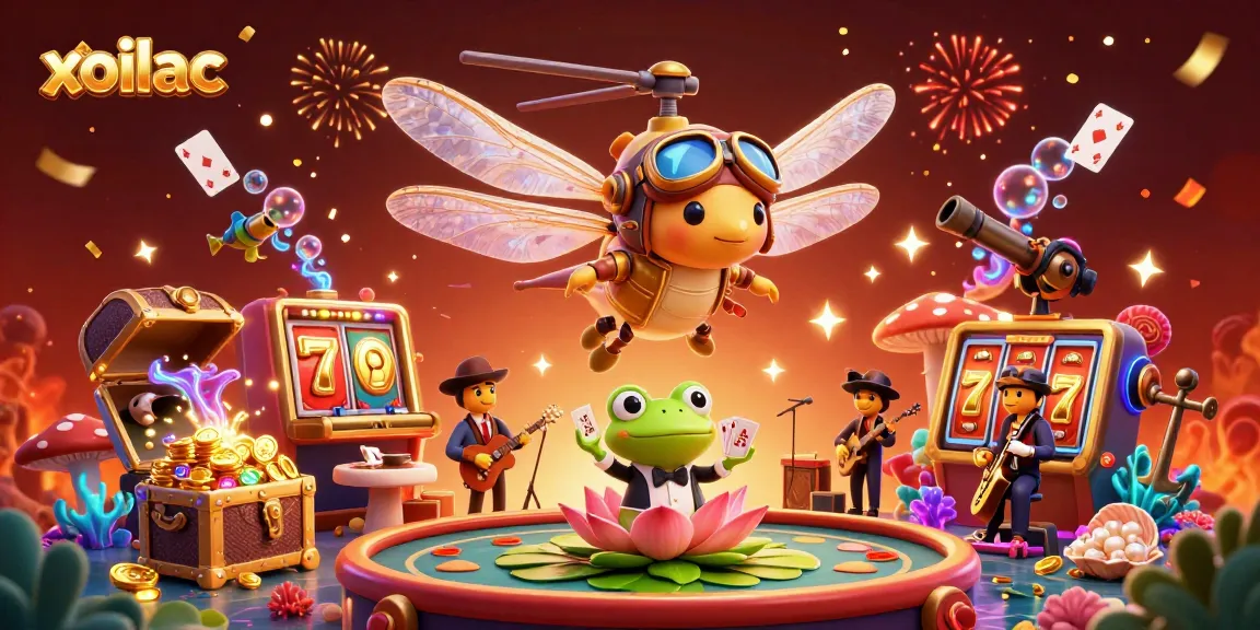 xoilac engages players with vibrant casino action featuring a dragonfly pilot and frog croupier.