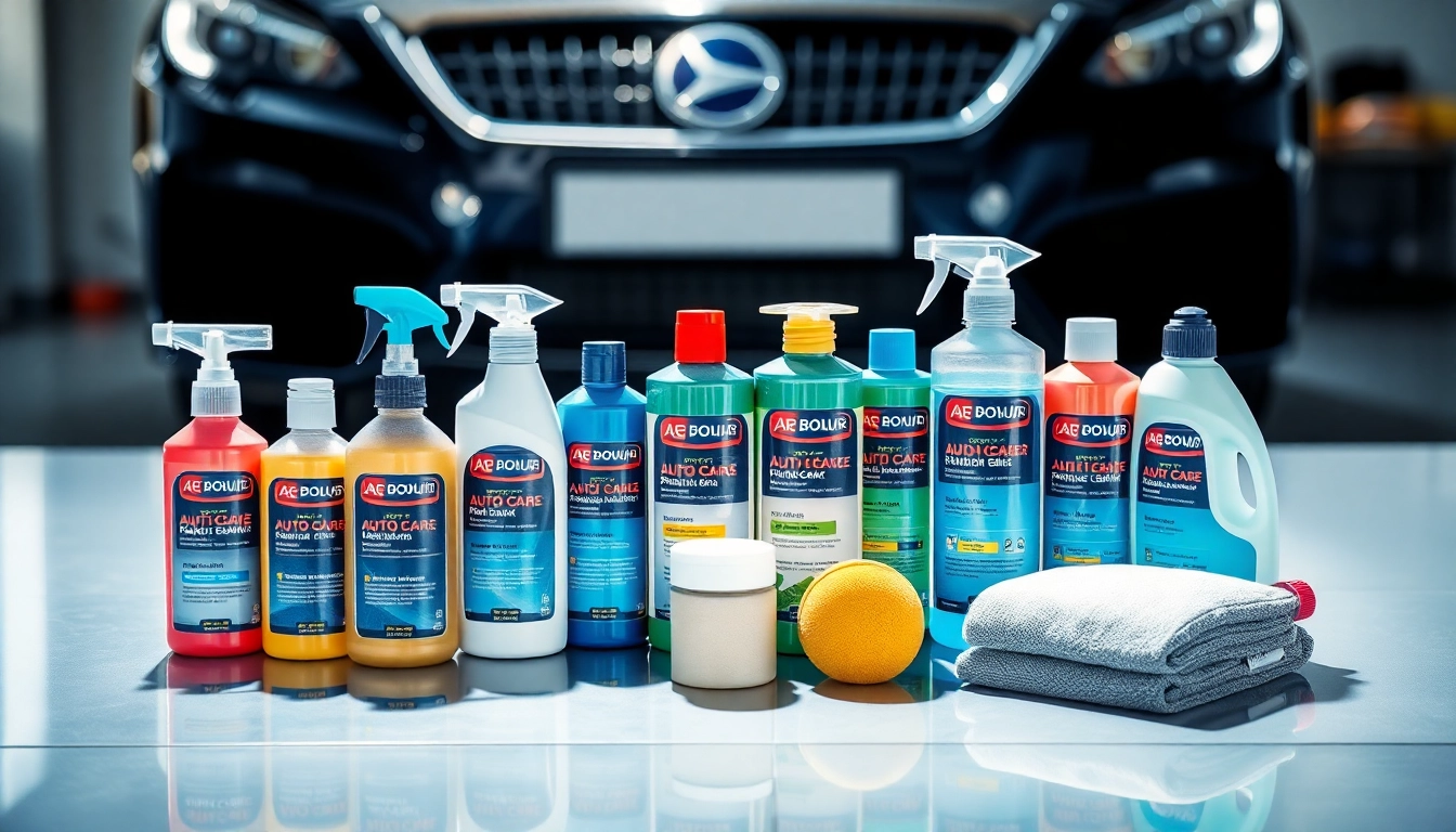 Präsentation hochwertiger Autopflege Produkte auf einem eleganten Tisch, ideal für Fahrzeugenthusiasten.