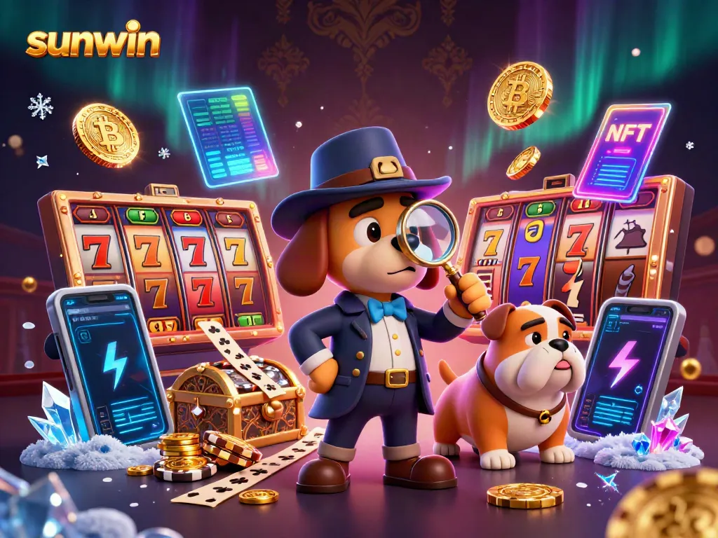 Experience thrilling wins with sunwin as a detective explores a vibrant casino scene with slot elements.