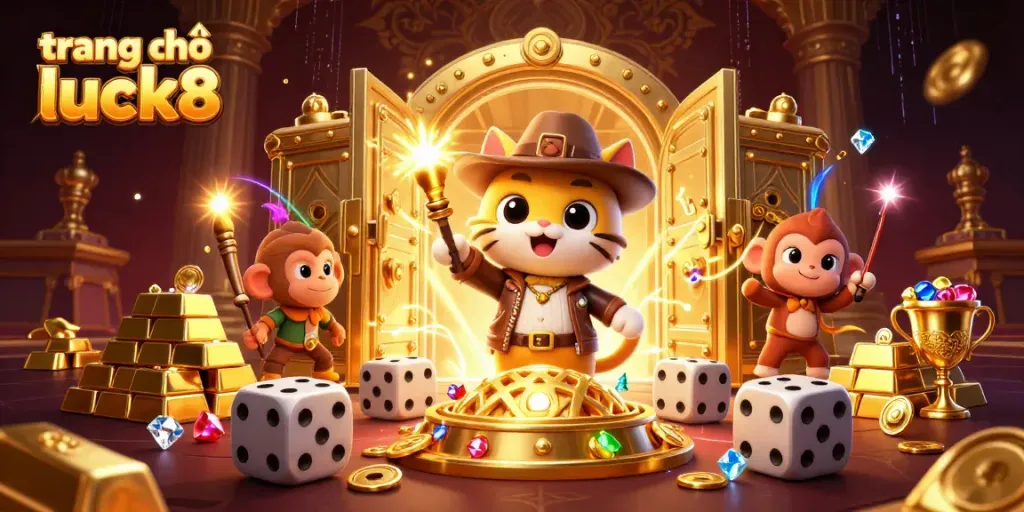 Engage with the vibrant trang chủ luck8 scene showcasing a 3D cartoon explorer cat amidst golden casino treasures.