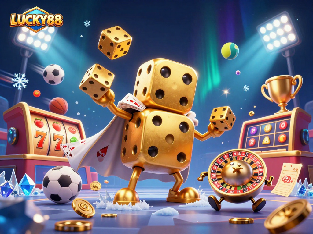 LUCKY88 features a vibrant 3D casino scene with a juggling dice golem and slot reels.