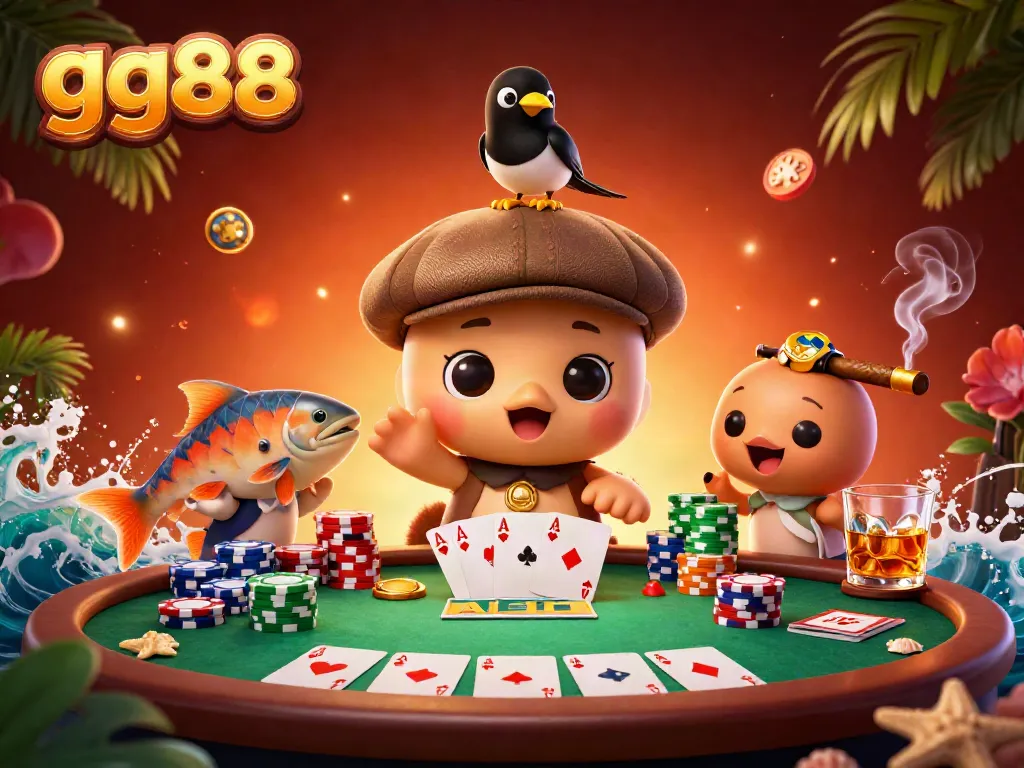 Engage in thrilling gameplay at gg88 with cute Nessie and playful magpie among colorful poker elements.