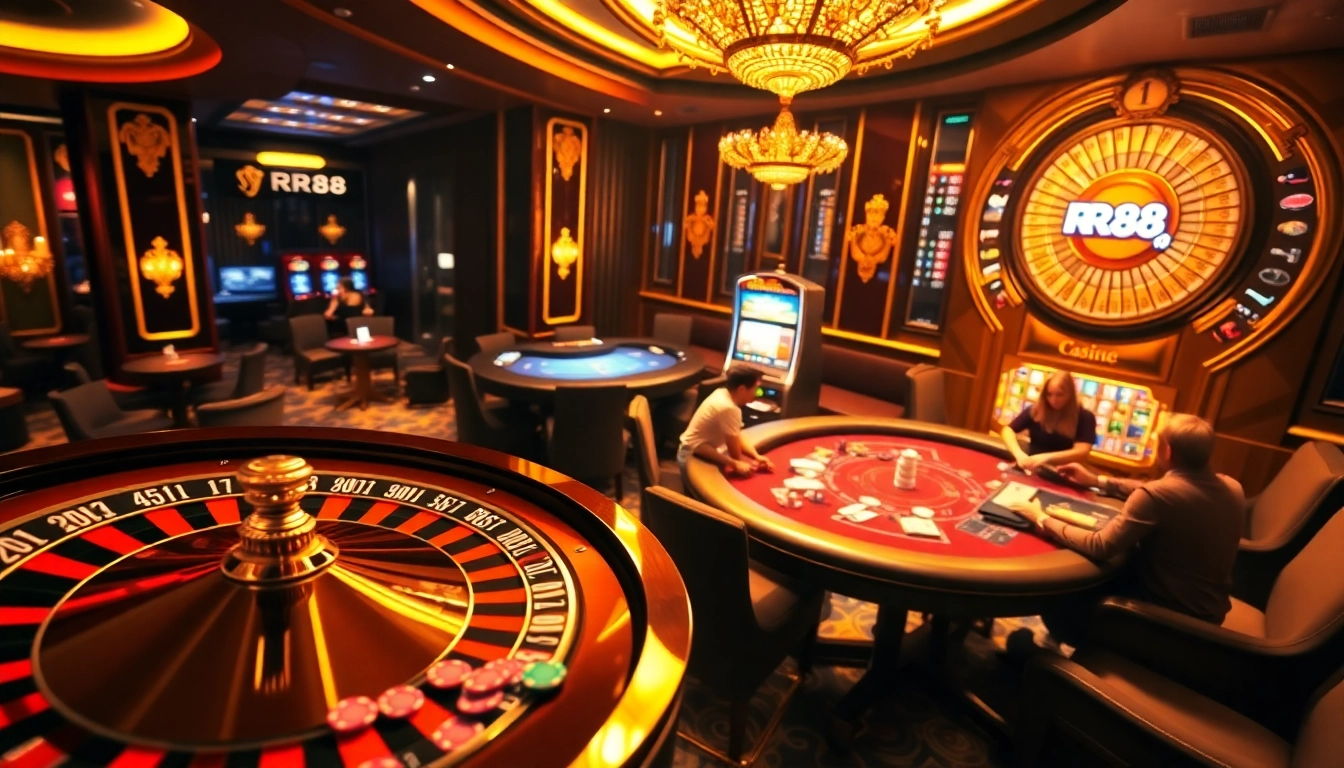Exciting gameplay at RR88 casino with players at the roulette table and vibrant slot machines.