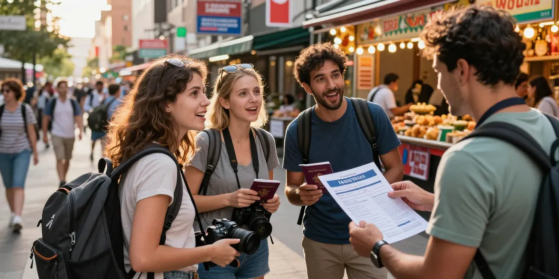 Kaufen Sie einen Originalpass mit vollständiger Verifizierung online mit einer vielfältigen Gruppe, die Reisepläne in einer lebhaften Stadt diskutiert.