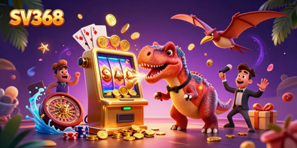 SV368 showcases a dynamic casino scene with a pachycephalosaurus winning coins from a slot machine.