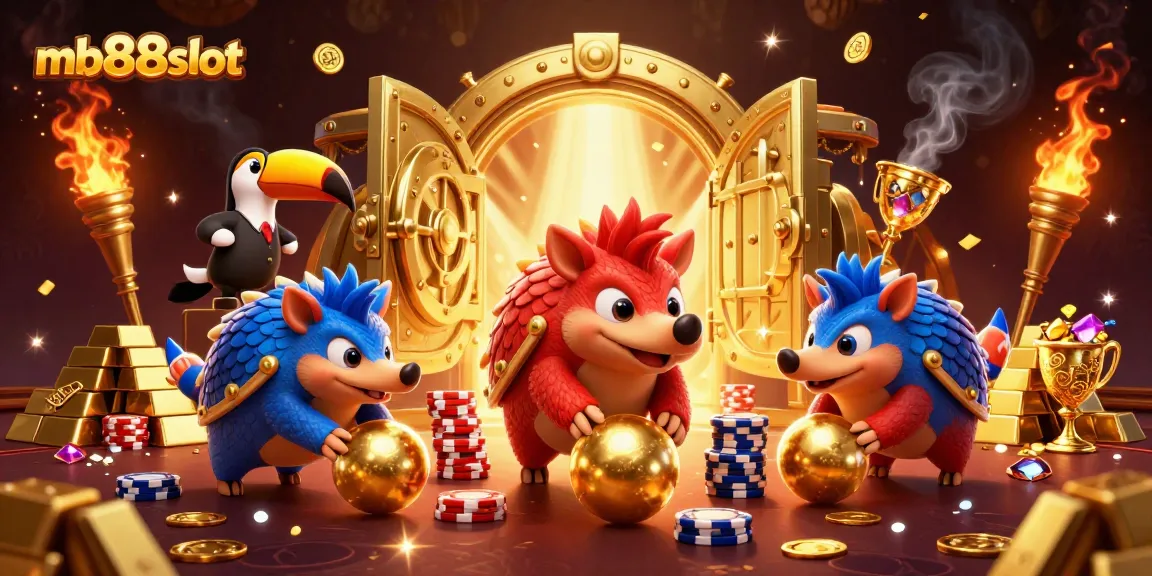 Experience thrilling jackpots with mb88slot as rival pangolins navigate golden treasures in a casino scene.