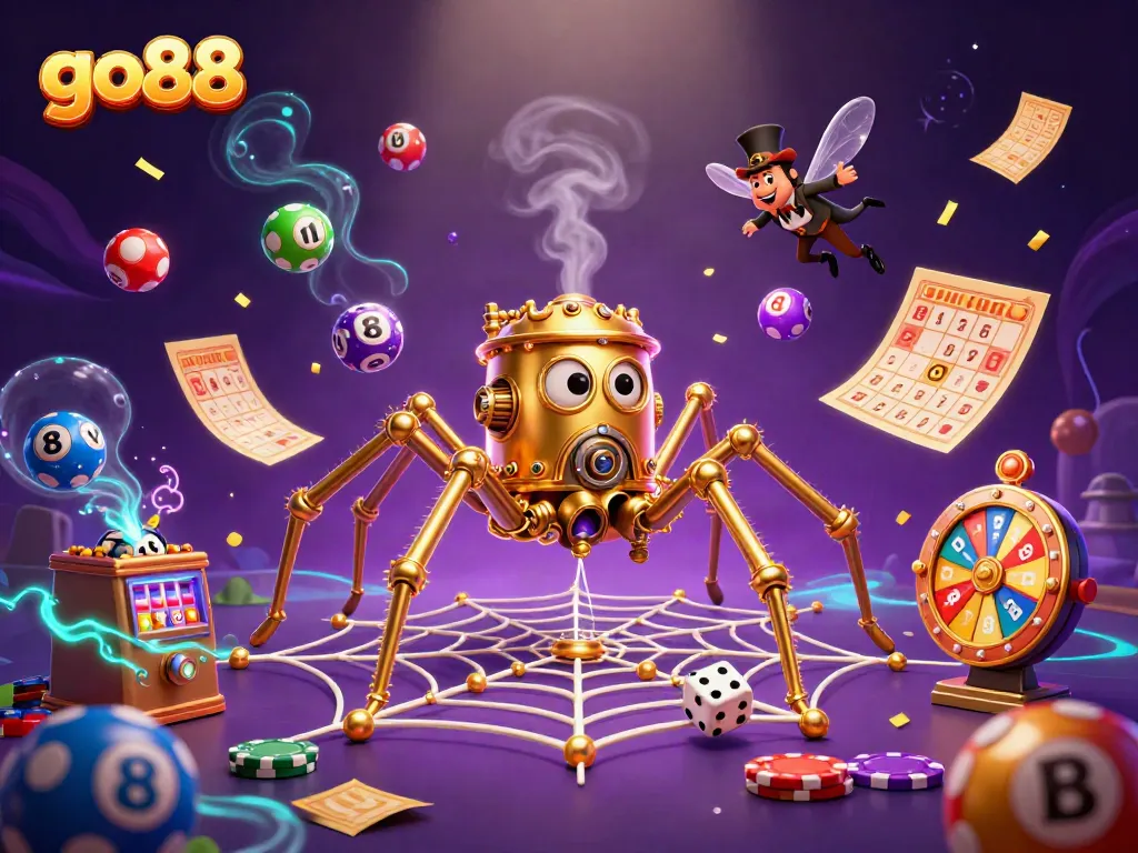 Experience the thrilling world of go88 with a 3D steampunk spider crafting a golden web amidst vibrant game elements.