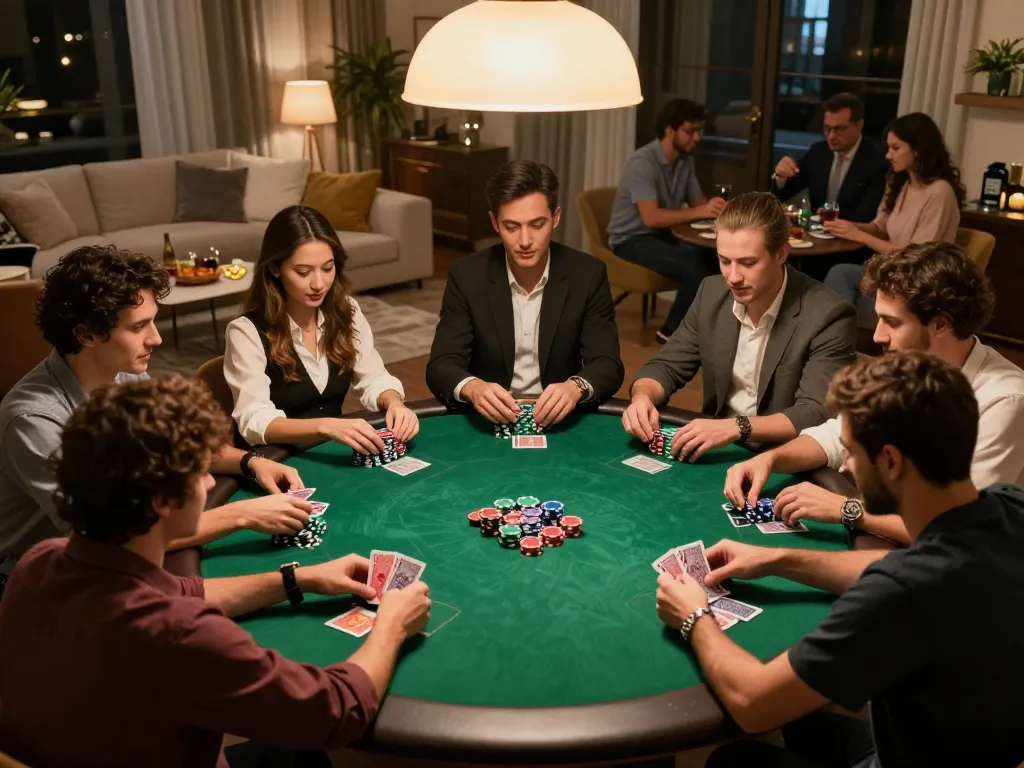 Players engaging in a friendly poker game at home while using p789bet for strategic bets